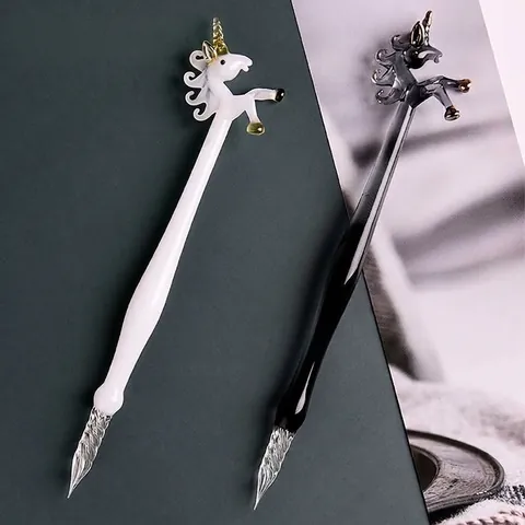 Creative Handmade Glass Dip Pen Set with Unicorn Top Spiral Tip Ink Gift Box Set for Art Writing Calligraphy Stationery Gift