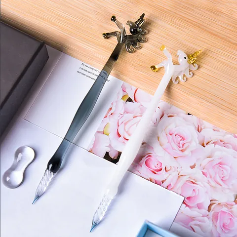 Creative Handmade Glass Dip Pen Set with Unicorn Top Spiral Tip Ink Gift Box Set for Art Writing Calligraphy Stationery Gift