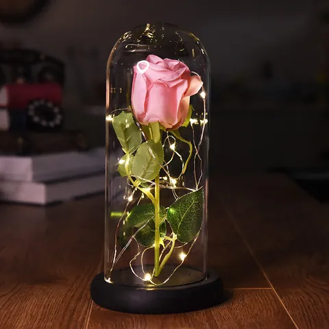 Eternal Rose in Glass Dome LED Flower Light with Wood Base Beauty and the Beast Rose Lamp Table Desktop Ornament Valentine Gift
