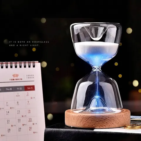 LED Remote Control Glass Hourglass Timer 15 Minutes Sleep Night Light Wooden Base Creative Home Decor Gift Night Lamp
