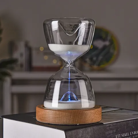 LED Remote Control Glass Hourglass Timer 15 Minutes Sleep Night Light Wooden Base Creative Home Decor Gift Night Lamp