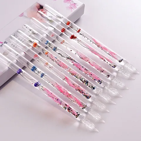 Handmade Glass Dip Pen Set With Dried Flowers Glitters Borosilicate Glass Signature Writing Pen In Gift Box Office Business Gift