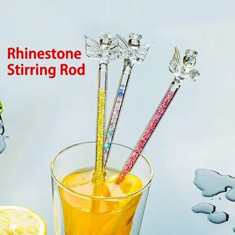 Agitateur en Verre Borosilicaté en Forme d'Ange Avec Incrustation de Strass Colorés Bâtonnet Mélangeur pour Café Thé au Lait Jus
