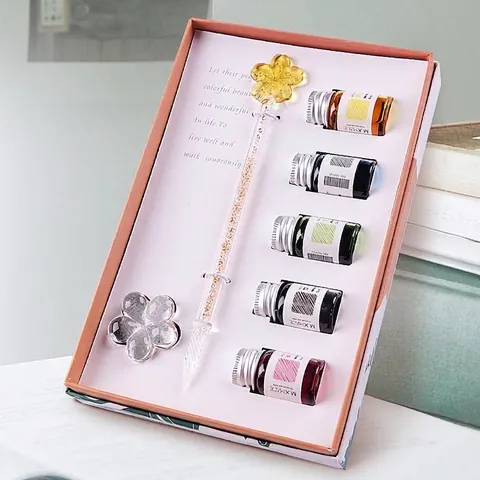 Handgefertigte Borosilikatglas Tauchfeder Geschenkset Kirschblüte Strass Gefüllter Füllfederhalter mit Tinte für Kalligraphie