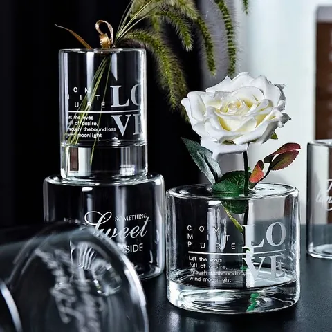 European Creative Transparent Glass Vase With Letter Print Modern Pastoral Home Decor Hydroponic Aroma Diffuser Bottle