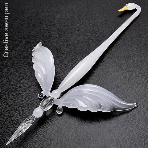 Handmade Creative Swan Shape Glass Dip Pen Set Artistic Blown Polished Glass Fountain Pen Ink Kit With Gift Box For Calligraphy Writing Gift