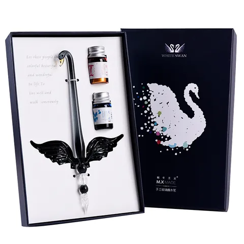 Handmade Creative Swan Shape Glass Dip Pen Set Artistic Blown Polished Glass Fountain Pen Ink Kit With Gift Box For Calligraphy Writing Gift