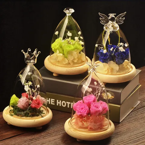 Pastoraal Engel Glazen Stolp Met Houten Basis Creatieve Geconserveerde Bloem Micro Landschap Decoratieve Glazen Deksel Voor Huis Geschenk