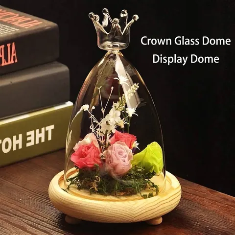 Creative Glass Landscape Dome with Wooden Base Heart Star Crown Diamond Shape Cloche for Preserved Rose Micro Landscape Decor Gift