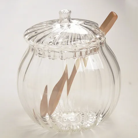 Borosilicate Glass Sugar Jar with Wood Spoon Striped Transparent Food Grade Storage Tank Airtight Candy Bowl Home Decor