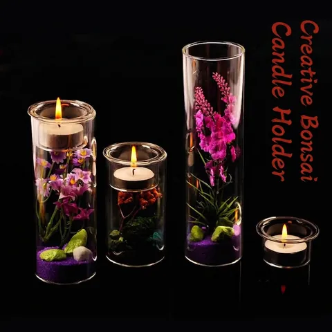 European DIY Creative Bonsai Glass Candlestick Set Borosilicate Glass Cylindrical Vase With Artificial Plants For Home Decor
