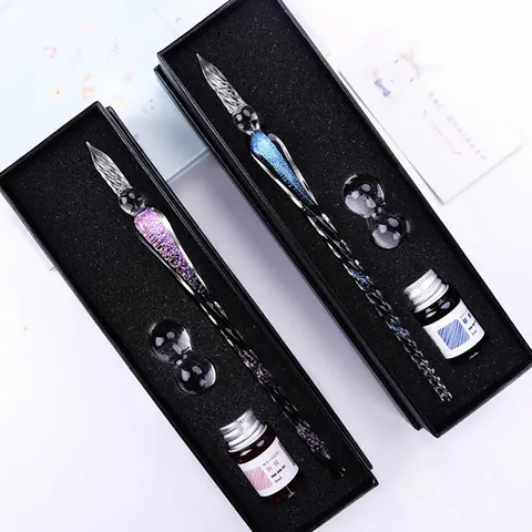 Handmade Starry Sky Glass Dip Pen Set With Ink Holder Borosilicate Glass Fountain Pen For Calligraphy Writing Stationery Gift