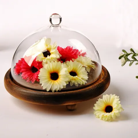 Vintage Hand Blown Borosilicate Glass Cloche Dome With Three Legged Wooden Base For Home Decor Tabletop Landscape Gift