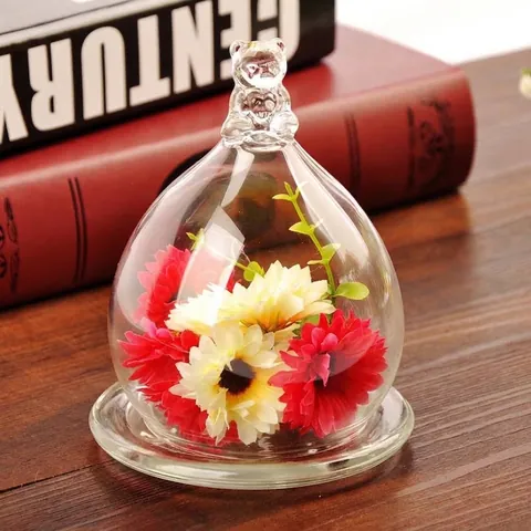 Cute Bear Handle Transparent Borosilicate Glass Display Dome Cloche With Glass Base For Eternal Flowers Micro Landscape