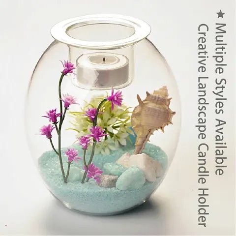 Creative Transparent Glass Micro Landscape Candle Holder Romantic Sea World Floral Scene Candlestick for Home Wedding Party Decor