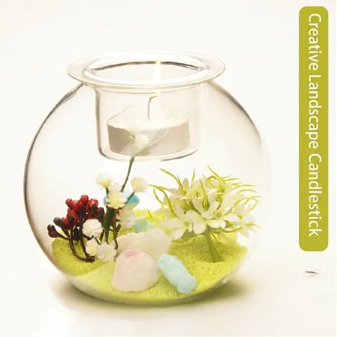 Creative Transparent Glass Micro Landscape Candle Holder Romantic Sea World Floral Scene Candlestick for Home Wedding Party Decor