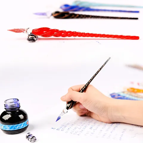 Handmade High Borosilicate Glass Dip Pen Vintage Spiral Ink Testing Signing Pen Gold Powder Inlaid Stationery Writing Gift