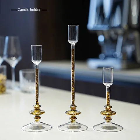 European Glass Candle Holder With Gold Silver Sequins Blown Borosilicate Glass High Foot Candlestick For Wedding Table Home Decor