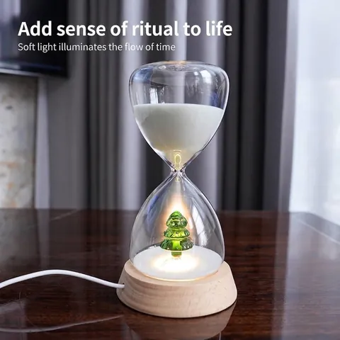 Creative Christmas Tree Glass Hourglass Timer With Luminous Wooden Base LED Night Light Desktop Ornament Holiday Home Decor