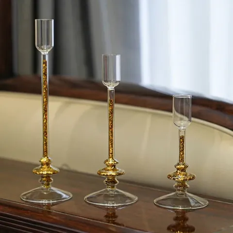 European Glass Candle Holder With Gold Silver Sequins Blown Borosilicate Glass High Foot Candlestick For Wedding Table Home Decor