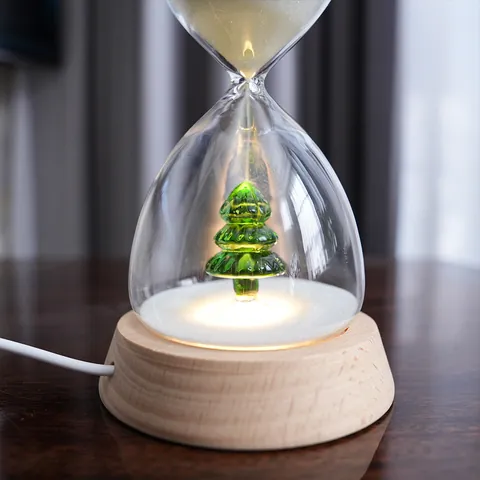 Creative Christmas Tree Glass Hourglass Timer With Luminous Wooden Base LED Night Light Desktop Ornament Holiday Home Decor