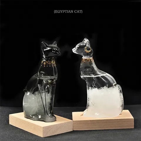 Bouteille de Prévisions Météorologiques Storm Glass Chat Égyptien Vintage Avec Base en Bois Ornement Décoratif de Bureau