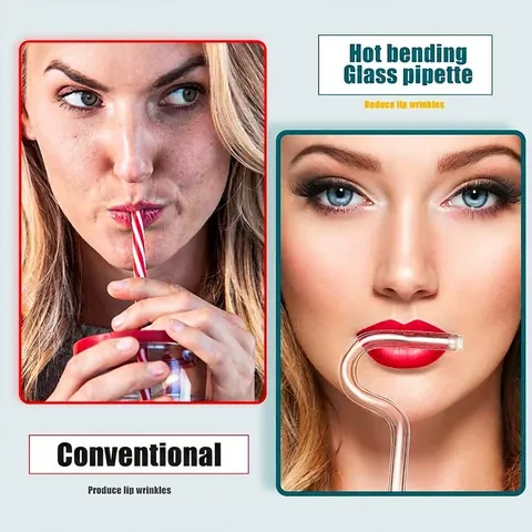 Reusable Anti Lip Wrinkle Glass Straw Set Flute Style Horizontal Drinking Straws With Cleaning Brush For Smoothies Juice