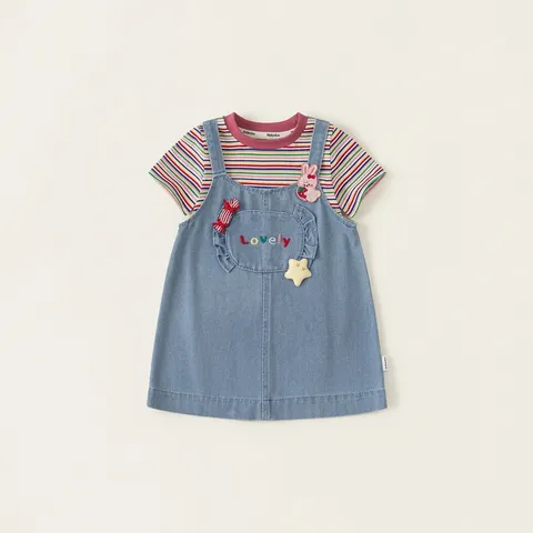 Girls Summer Cotton Striped T-Shirt And Denim Suspender Skirt Set Toddler Kids Casual Outfit