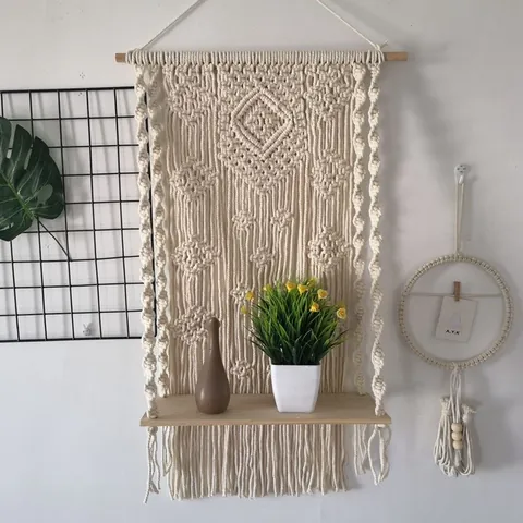 Tapiz Tejido Bohemio Colgante de Pared Con Estante de Madera Tapiz de Algodón Hecho a Mano Para Dormitorio Sala de Estar Decoración Del Hogar