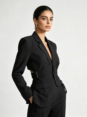 Blazer Asymétrique à Découpe pour Femme Boucle en Métal Coupe Ajustée Manches Longues Col à Revers Bureau Mode Élégante Veste de Tailleur