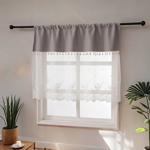 American Country Spliced Floral Lace Short Curtain Gray White Embroidered Tassel Valance For Kitchen Bedroom Window Cafe Decor