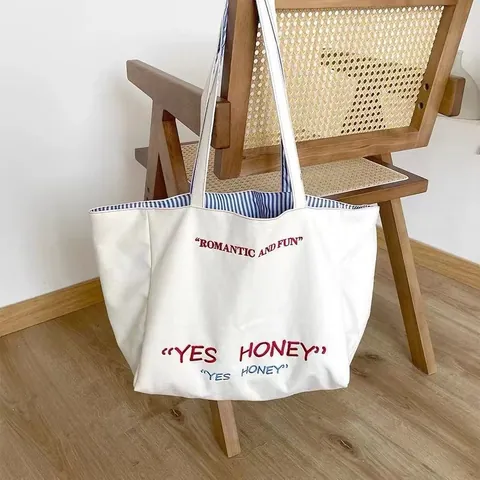 Large Capacity Canvas Tote Bag Double Sided Striped Shoulder Bag Textured Embroidery Casual Commuting Student Bag