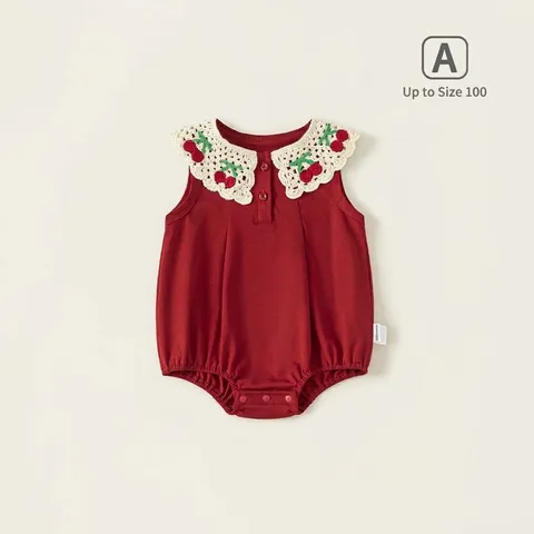 Baby Meisjes Zomer Katoen Mouwloos Kruippakje Kant Peter Pan Kraag Kers Geborduurd Effen Kleur Rood Bodysuit Peuter Jumpsuit Dagelijkse Kleding