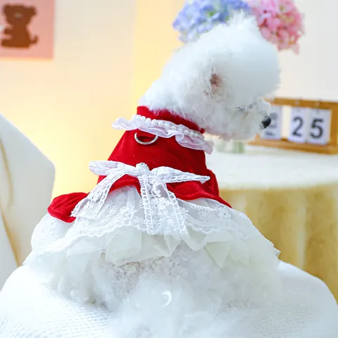 Vestido de Princesa para Mascotas de Terciopelo Rojo Encaje Lazo Perla Otoño Invierno Cálido Ropa Perros Pequeños Vestido de Boda