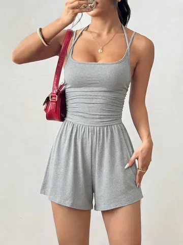Combinaison Romper pour Femmes Dos Nu Sans Manches Décontracté Slim Fit Froncé Taille Haute Été Combishort Tenue