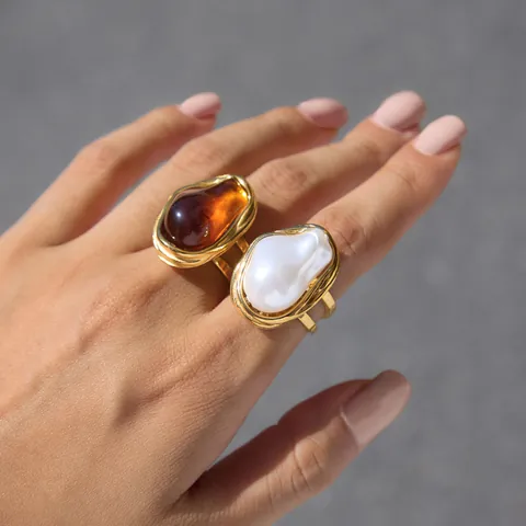 Artificial Baroque Pearl Ring French Style Aesthetic Irregular Stainless Steel Open Adjustable Jewelry For Women