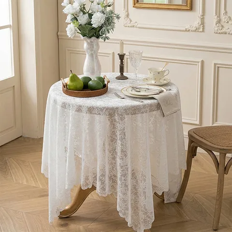 Mantel de Encaje Jacquard Vintage Francés Blanco Beige Cubierta de Mesa Antipolv Floral para Mesa de Hogar Fondo de Fotografía