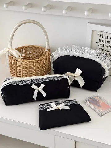 Elegante Bolsa de Cosméticos de Algodón Acolchado Negro Con Ribete de Encaje Blanco Lazo Pendentif de Perla Artificial Pochette de Viaje Monedero Con Cremallera Estuche de Lápices Organizador Para Mujeres