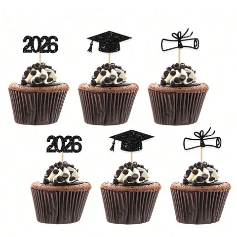 Black Glitter 2026 Graduation Cupcake Toppers Grad Cap Diploma Scroll Cake Picks For Graduation Party Bakery Cake Decoration