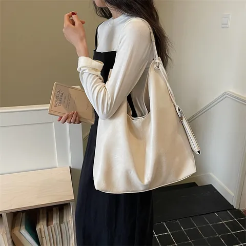 Vintage Souple Cuir PU Grande Capacité Sac Cabas Femmes Minimaliste Décontracté Trajet Sac à Bandoulière Chic Sac Axillaire