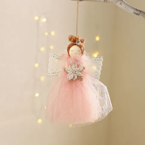 Christmas Angel Doll Hanging Ornament Cute Mesh Dress Feather Wing Christmas Tree Decor Holiday Party Gift