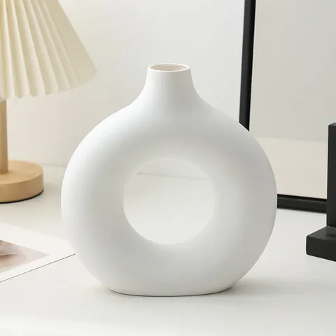 Vaso Donut in Ceramica Minimalista Nordica Vaso di Fiori Bianco Astratto Soggiorno Scrivania Arte Decorativa Composizione Floreale