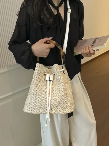 Womens Straw Woven Bucket Bag Bamboo Handle Summer Beach Vacation Casual Crossbody Straw Shoulder Bag