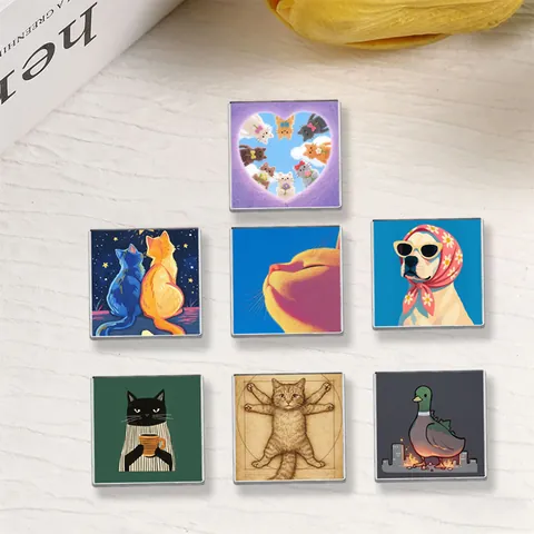 Broche Carrée en Alliage de Zinc Animal de Dessin Animé Broche Créative Style Peinture à l'Huile Parodie Chat Chien Canard Impression Artistique Badge de Revers pour Vêtements Sacs Accessoires Décoratifs