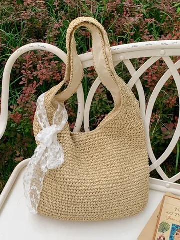 Bolso de Hombro Tejido de Paja para Mujer Gran Capacidad Bolso Tote Casual Commuter Beach con Decoración de Cinta