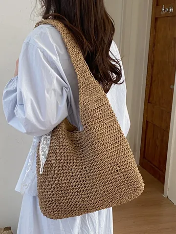 Bolso de Hombro Tejido de Paja para Mujer Gran Capacidad Bolso Tote Casual Commuter Beach con Decoración de Cinta