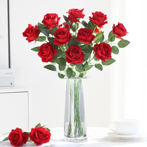 Ramo di Rosa in Velluto Artificiale Singolo Fiore Finto per Decorazione Fotografica Casa Matrimonio