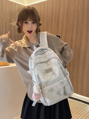 Sac à Dos d'École en Nylon Décontracté pour Étudiants Grande Capacité Joli Imprimé d'Ours Cartable Sac de Voyage avec Pendentif