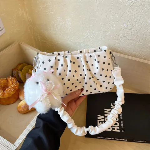 Korean Style Polka Dot Canvas Shoulder Crossbody Bag Casual Women Daily Commuting Handbag With Plush Pendant