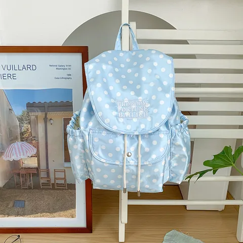 Women's Casual Nylon Backpack Polka Dot School Bag With Flap Drawstring And Cute Pendant Travel Daypack